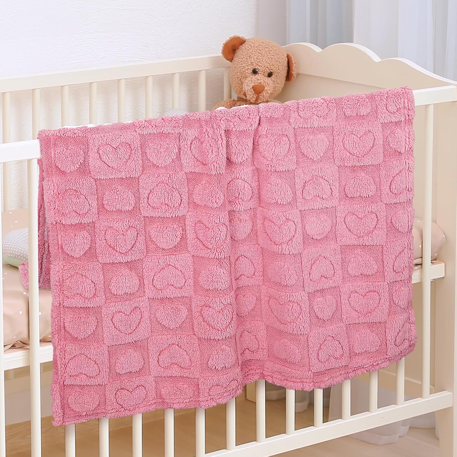 VEIDIA Plush Soft Checkered Baby Blanket 3039 Deep Pink Heart