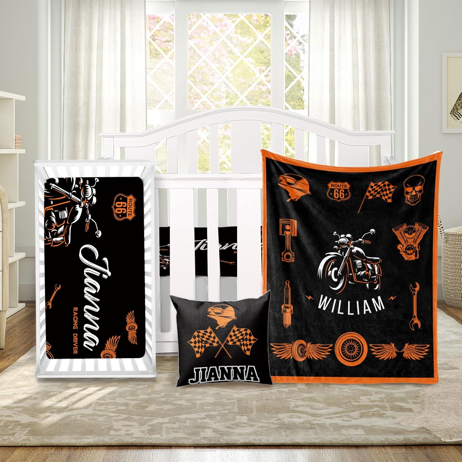 Custom Crib Bedding Set 3 Piece - Motorcycle Design for Newborns