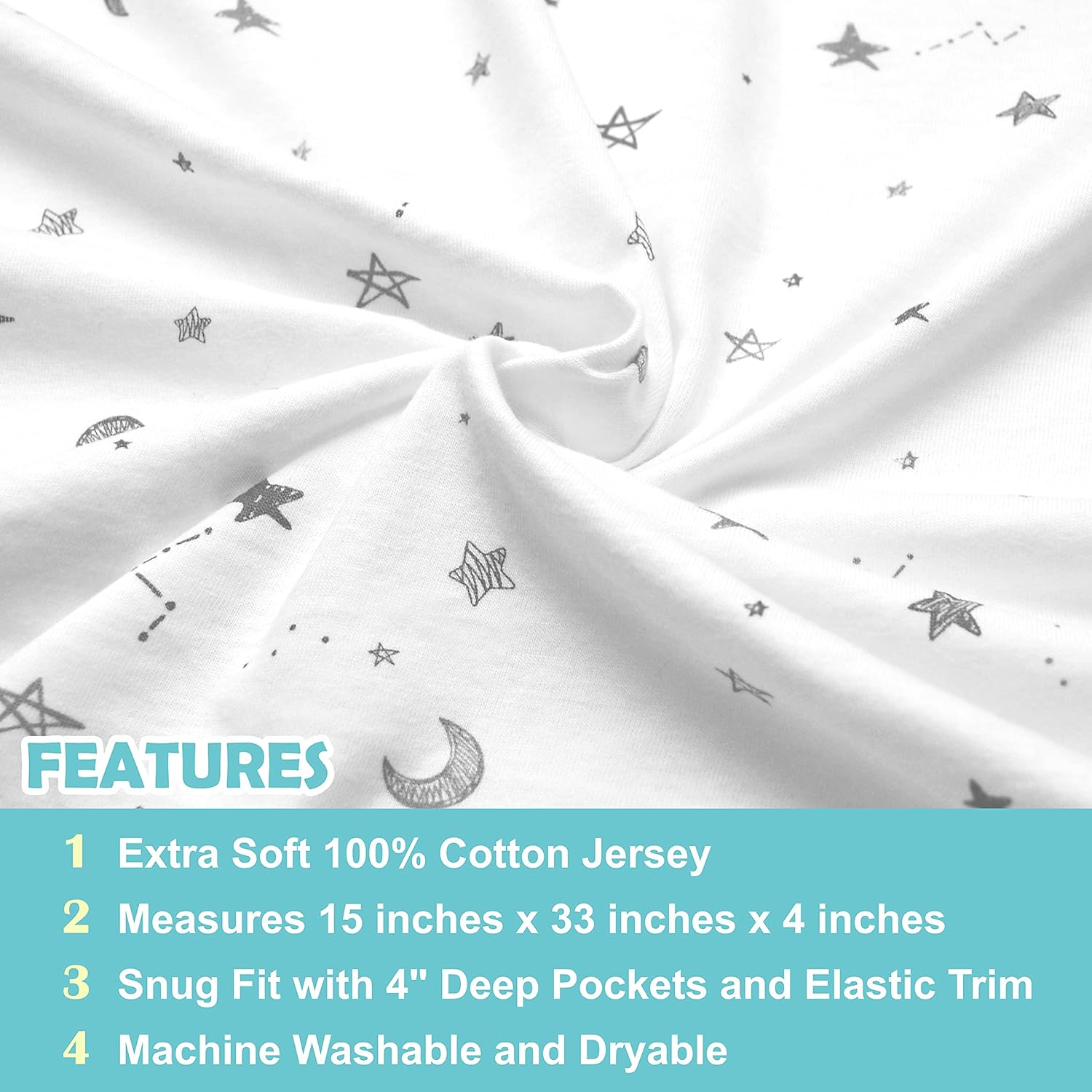 American Baby Company Bassinet Sheet Grey Star and Moon 15 x 33