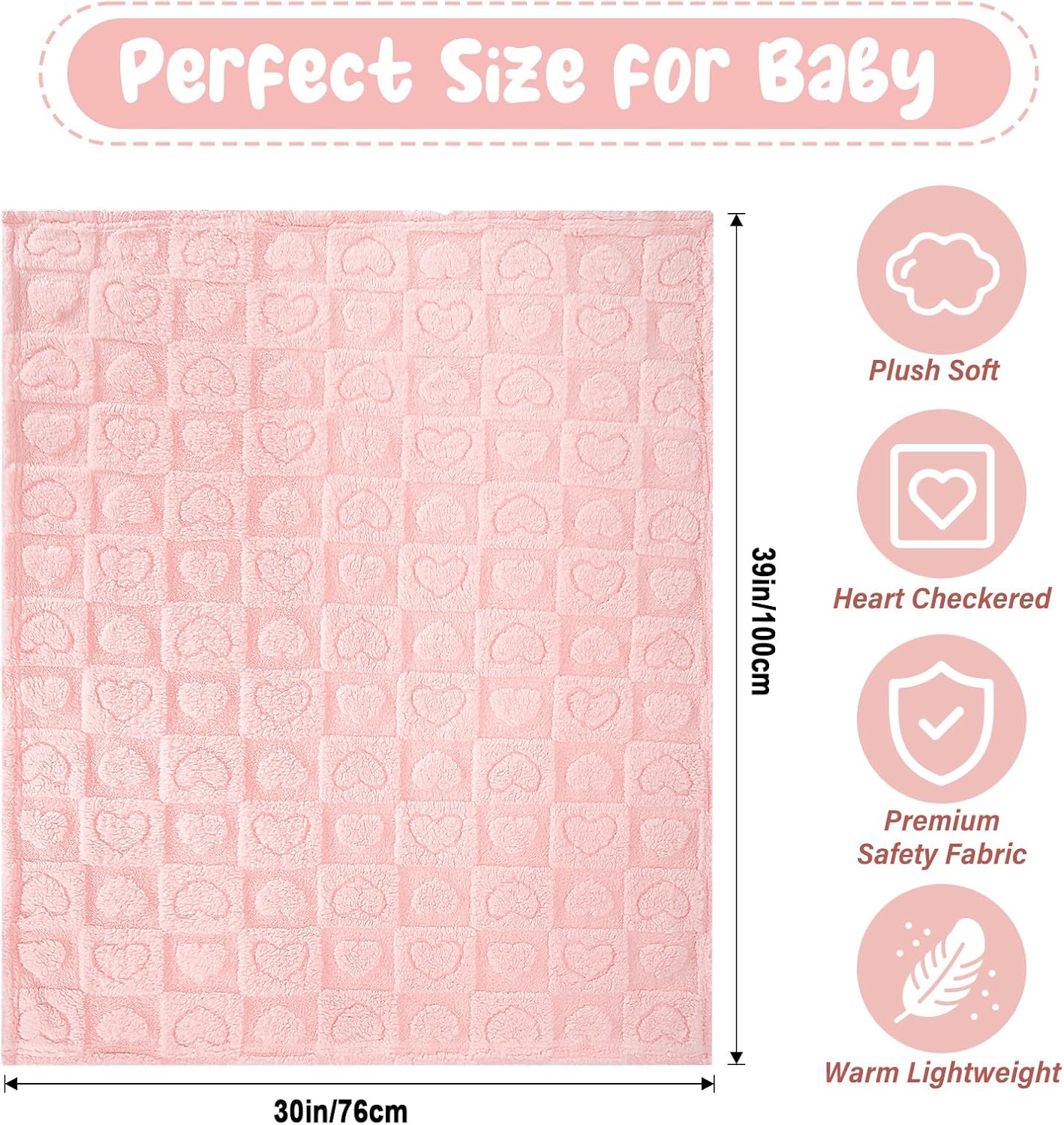 VEIDIA Plush Checkered Baby Blanket 30x39 Light Pink
