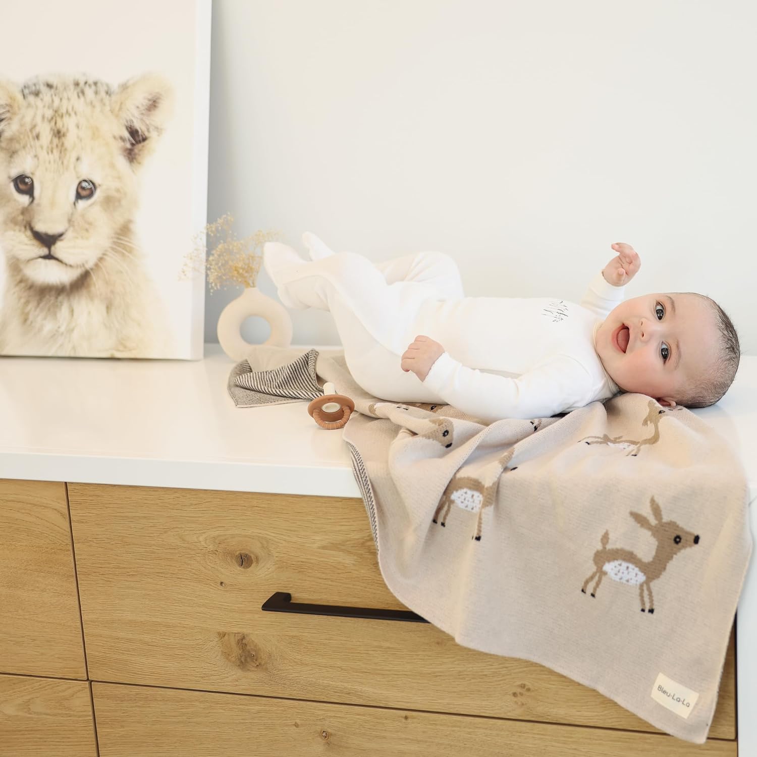 Bleu La La Knit Baby Swaddle Blanket - Deer Theme Taupe 100 Cotton