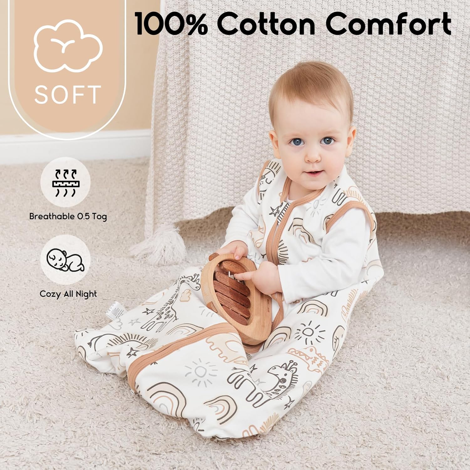 Yoofoss Organic Cotton Sleep Sack 6-12 Months 3 Pack 2-Way Zipper