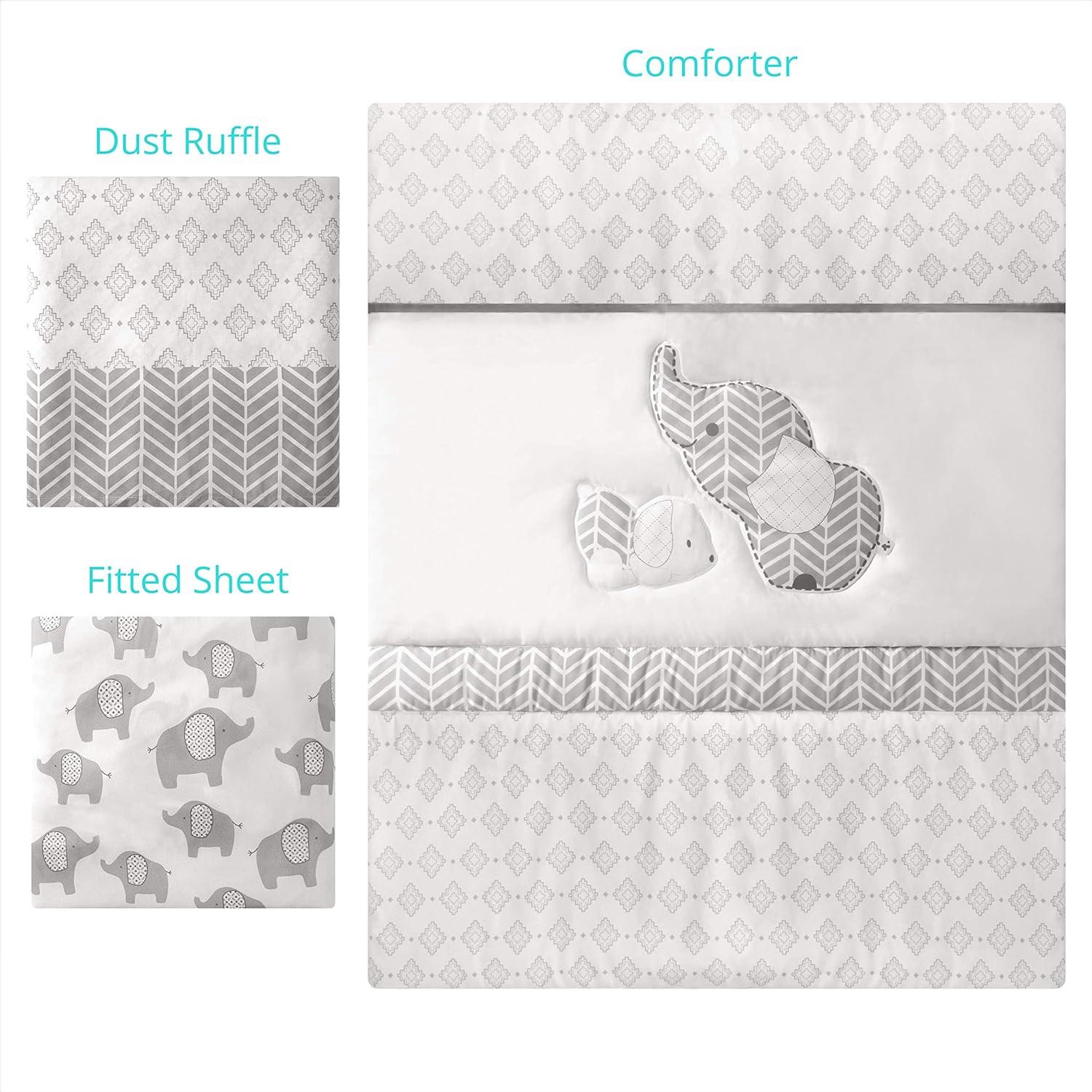 La Premura 3-Piece Crib Bedding Set Gray Elephant Puppy Design