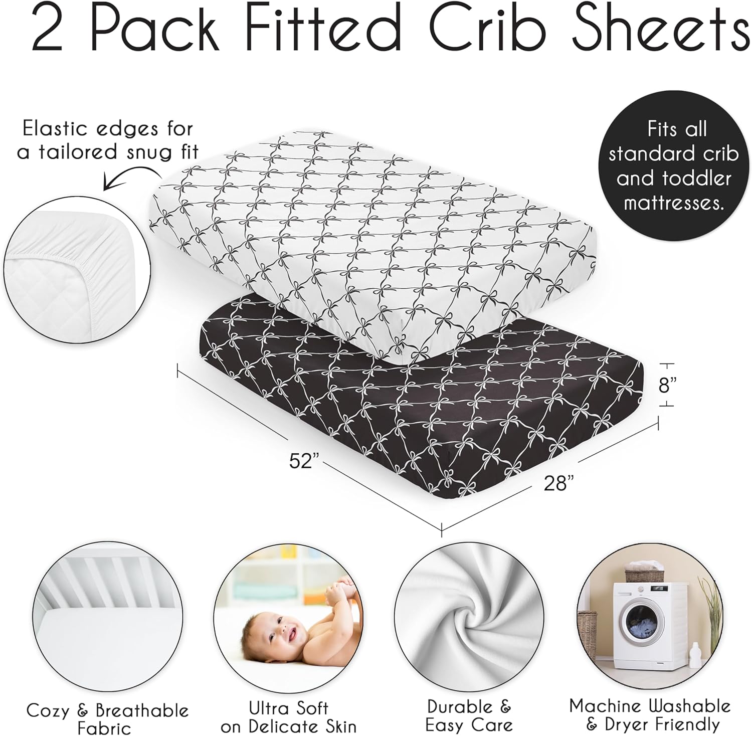 Sweet Jojo Designs 2-Piece Crib Sheets Set Black White Bows 1