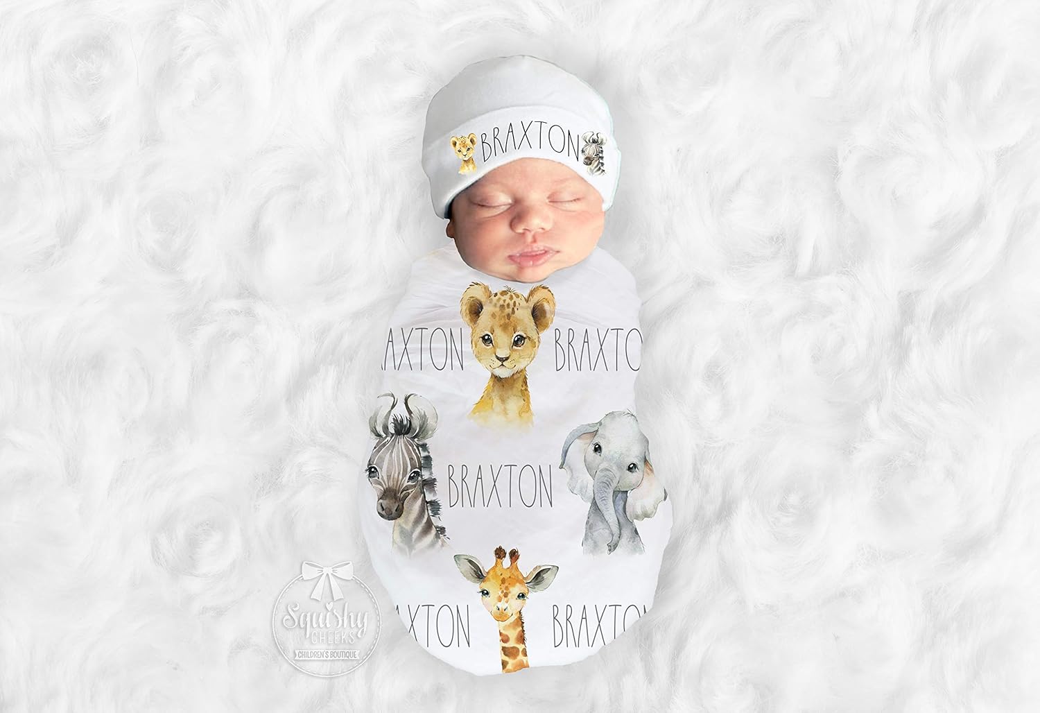 Baby Boy Personalized Safari Animal Swaddle Blanket 1