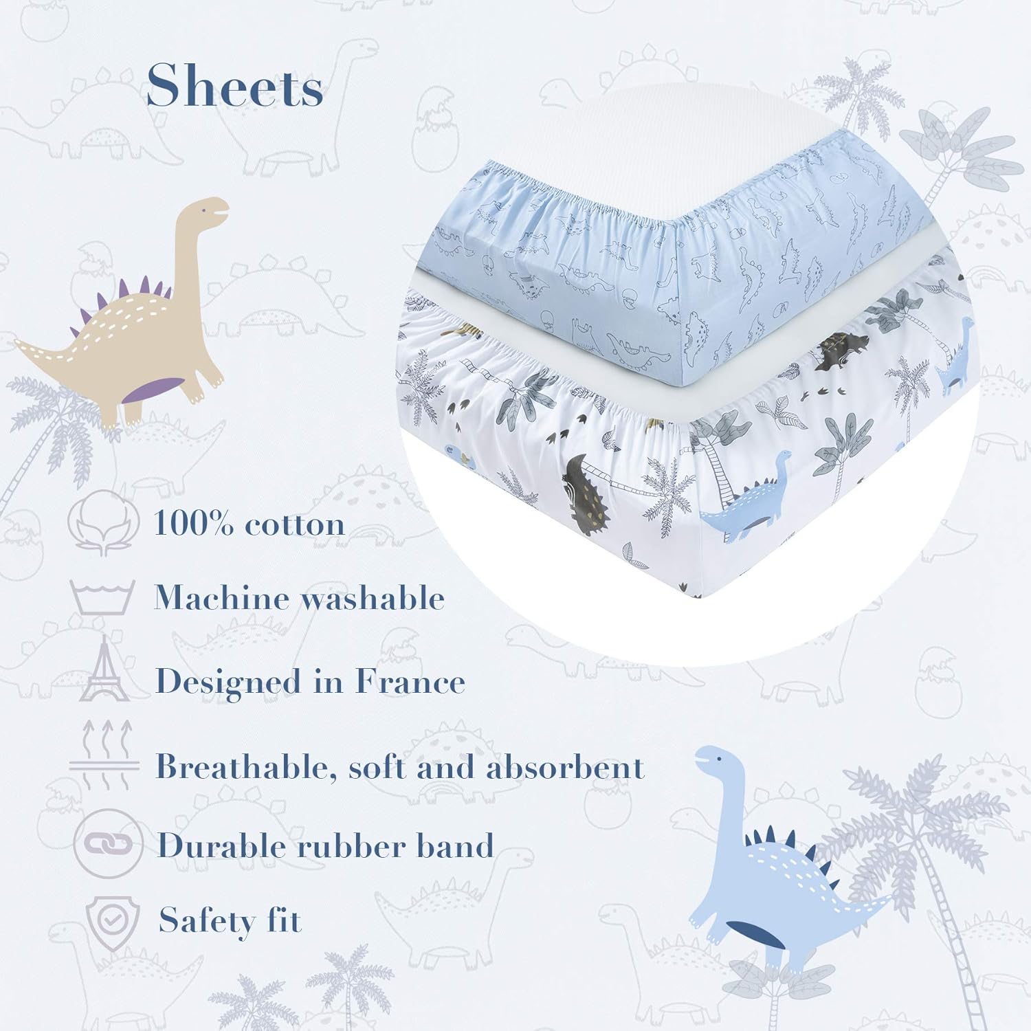 100 Cotton Crib Fitted Sheets Dinosaur Design 2 Pack