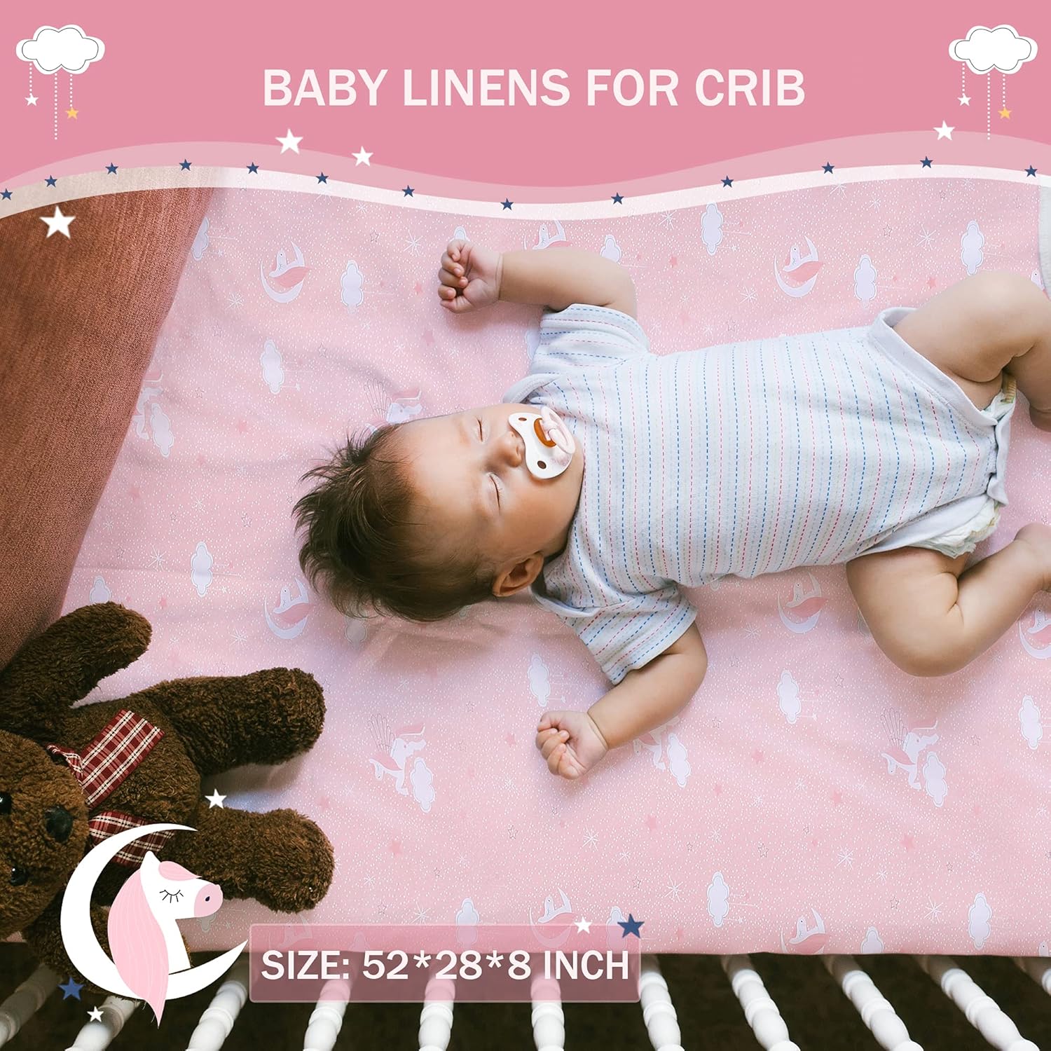 UOMNY Crib Bedding Set Girls - Pink Star 3 Piece