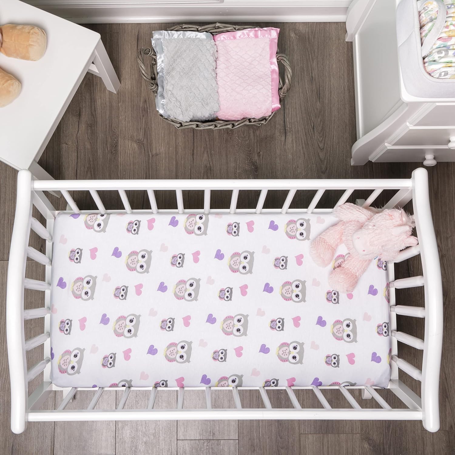 EVERYDAY KIDS 2 Pack Cradle Sheets - Pink Purple Owl Heart Star 100 Cotton