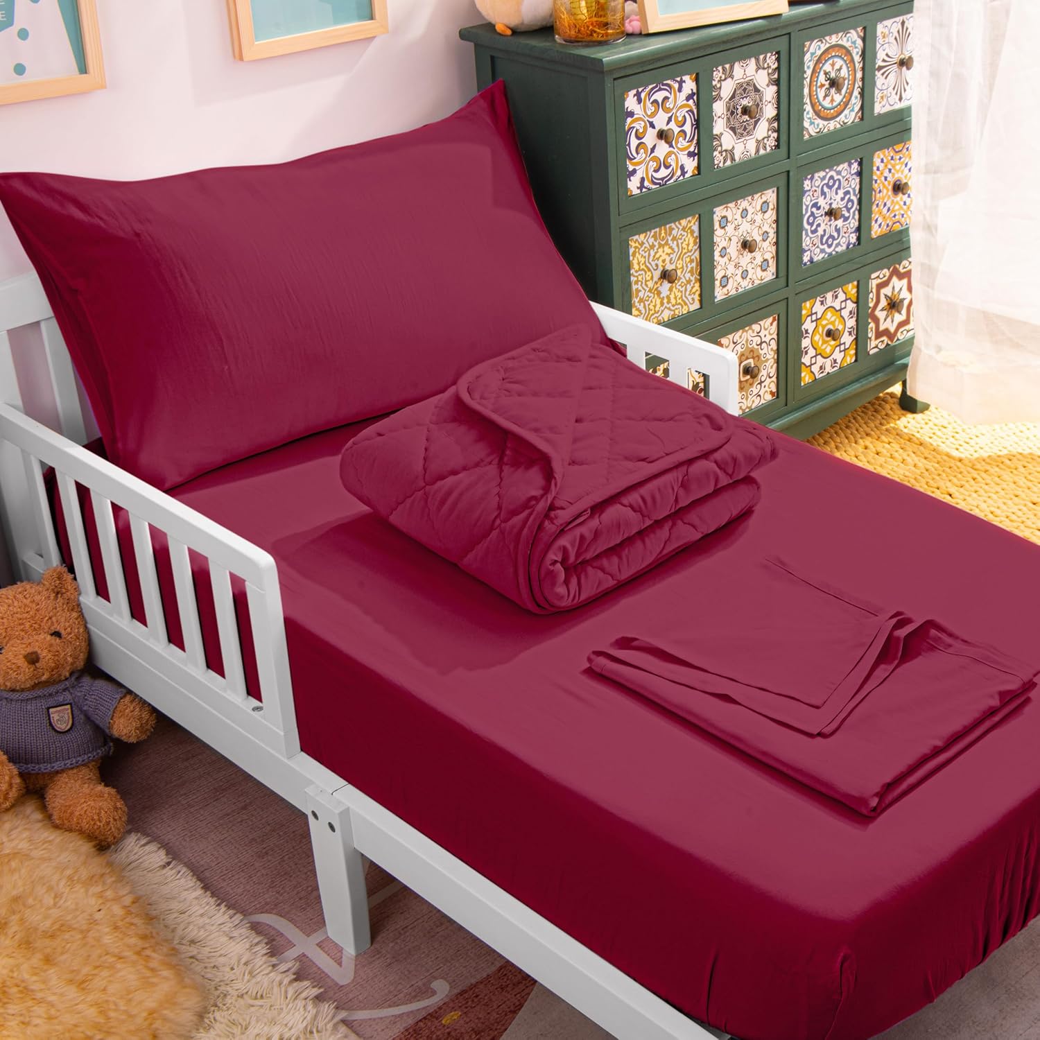 NTBAY Toddler Bedding Set - 4 Piece Wine Red 1