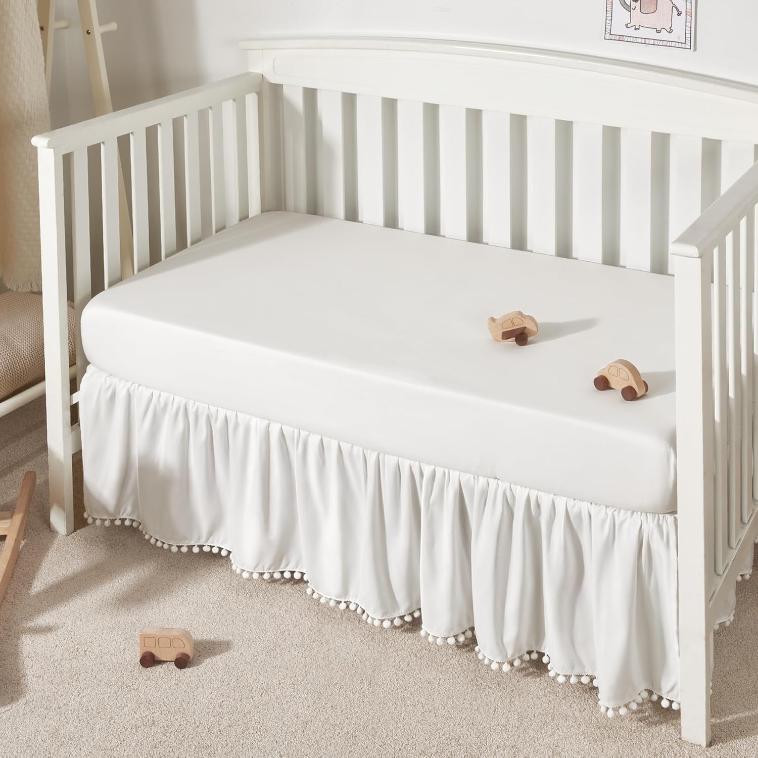 TILLYOU Crib Skirt 28x52 14 Drop White Ruffles Pompoms