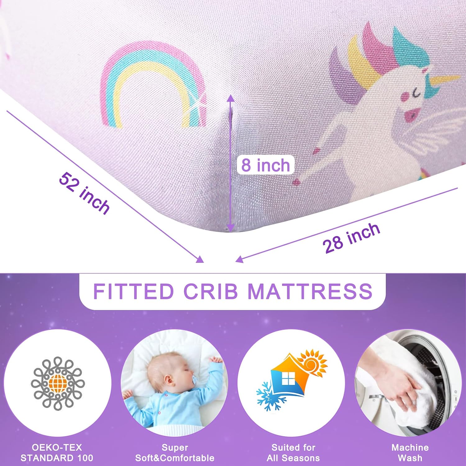 Wowelife Unicorn Crib Bedding Set Purple 3 Pieces
