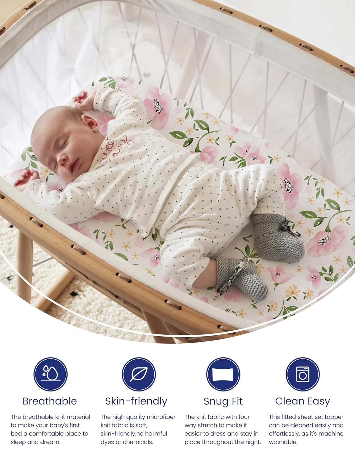 TotAha Premium Stretchy Bassinet Sheets 4-Pack Pale Pink Floral
