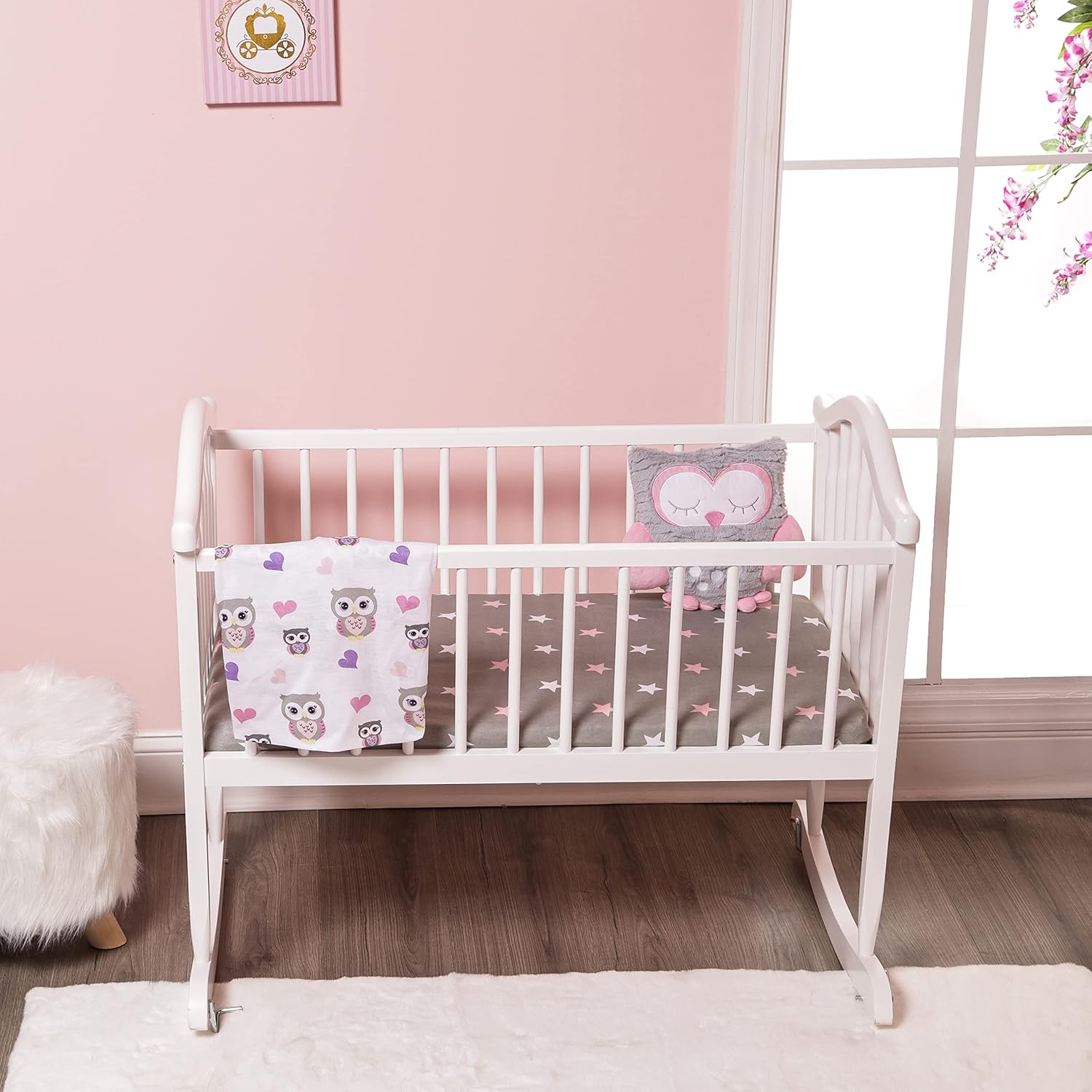 EVERYDAY KIDS 2 Pack Cradle Sheets - Pink Purple Owl Heart Star 100 Cotton