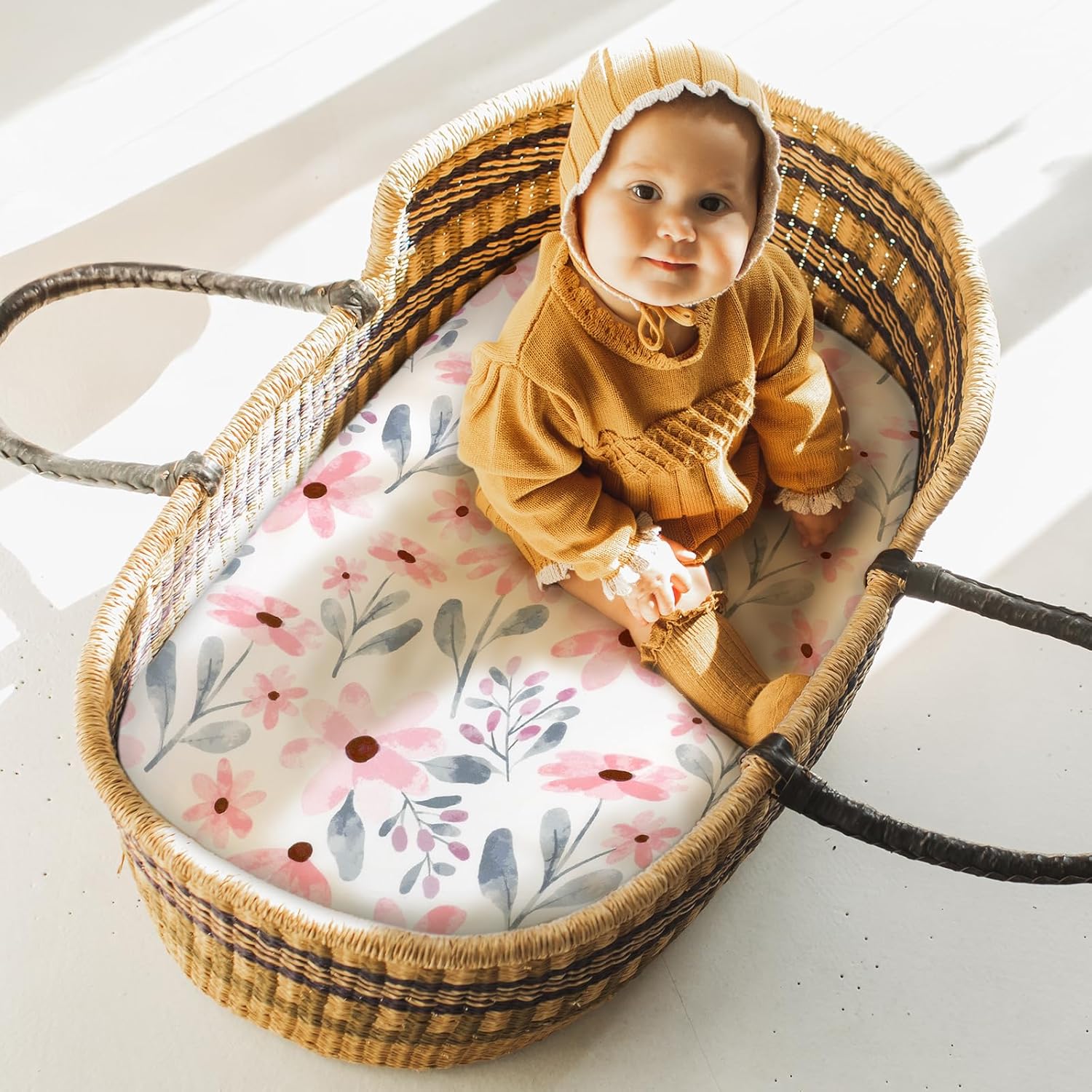 Yoofoss Bassinet Sheets 3-Pack Pink and Floral