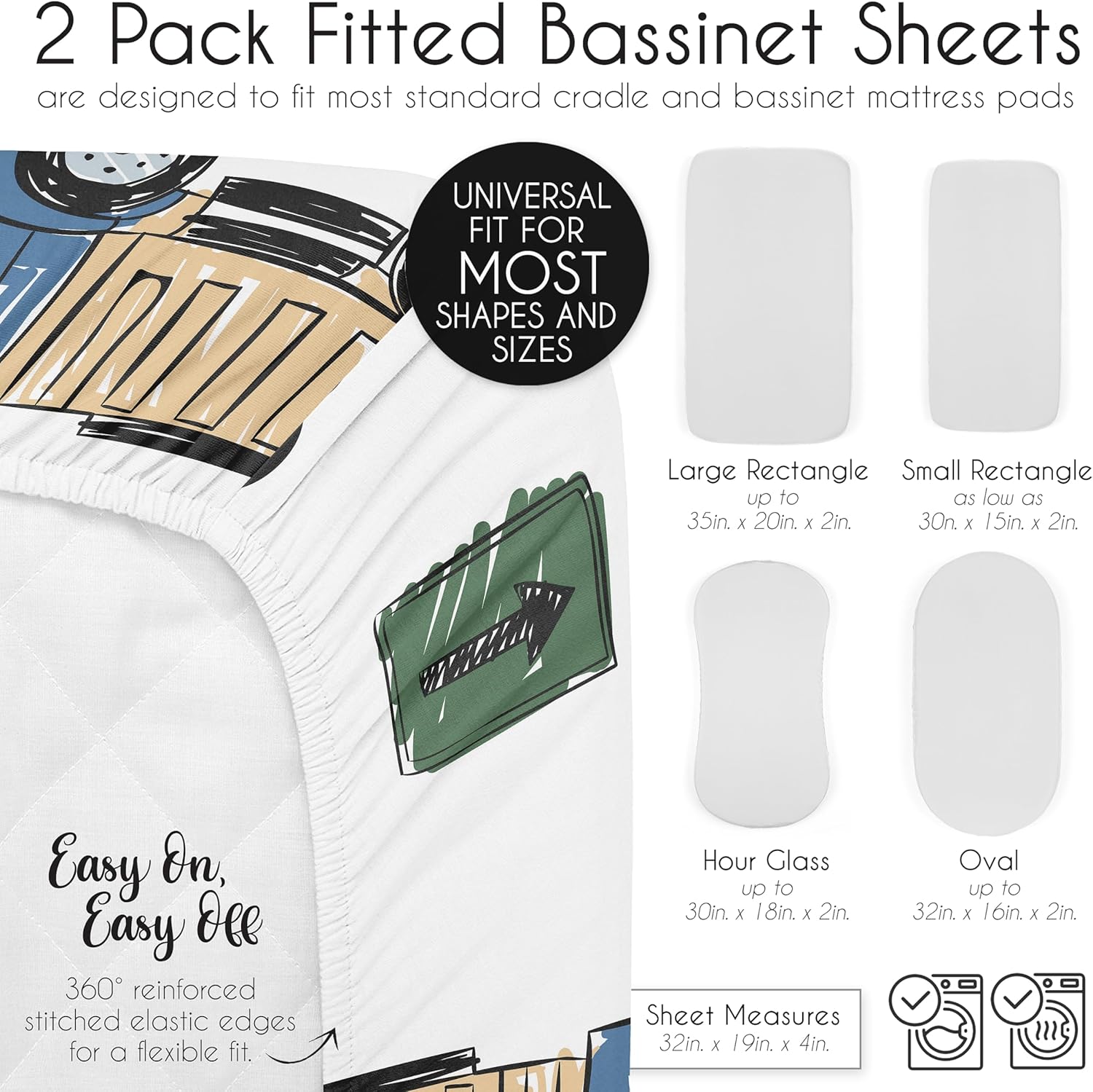 Sweet Jojo Designs Bassinet Sheet Set 2 Pack Construction Truck