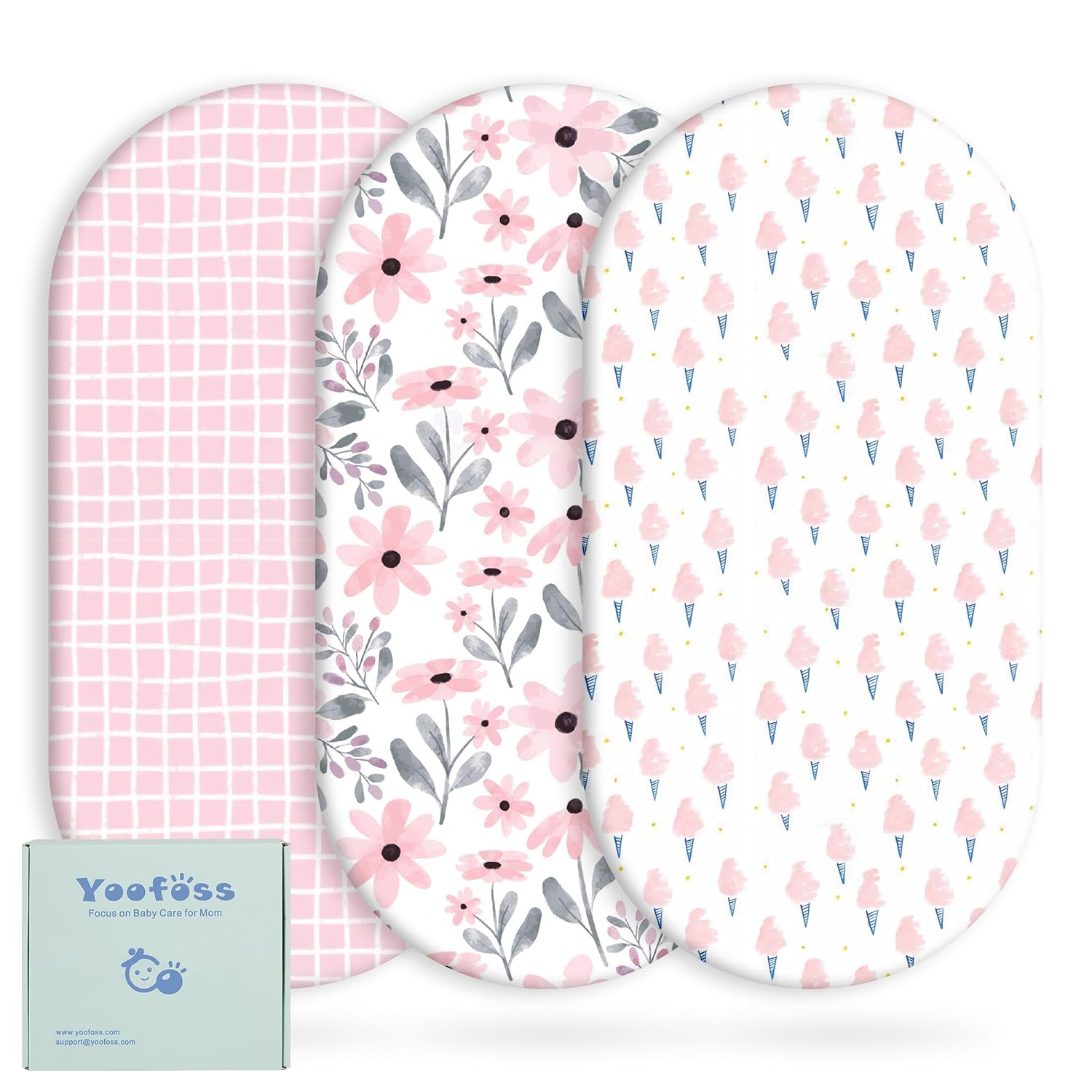 Yoofoss Bassinet Sheets 3-Pack Pink and Floral