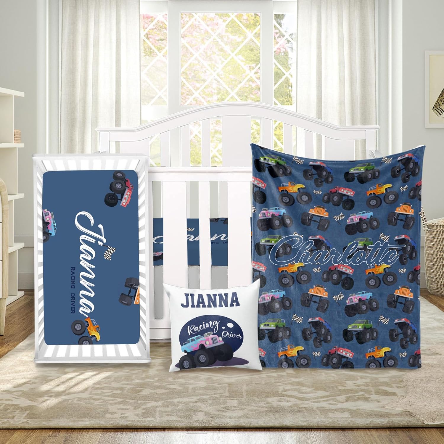 Custom Crib Bedding Set 3 Piece - Monster Trucks Design for Newborns