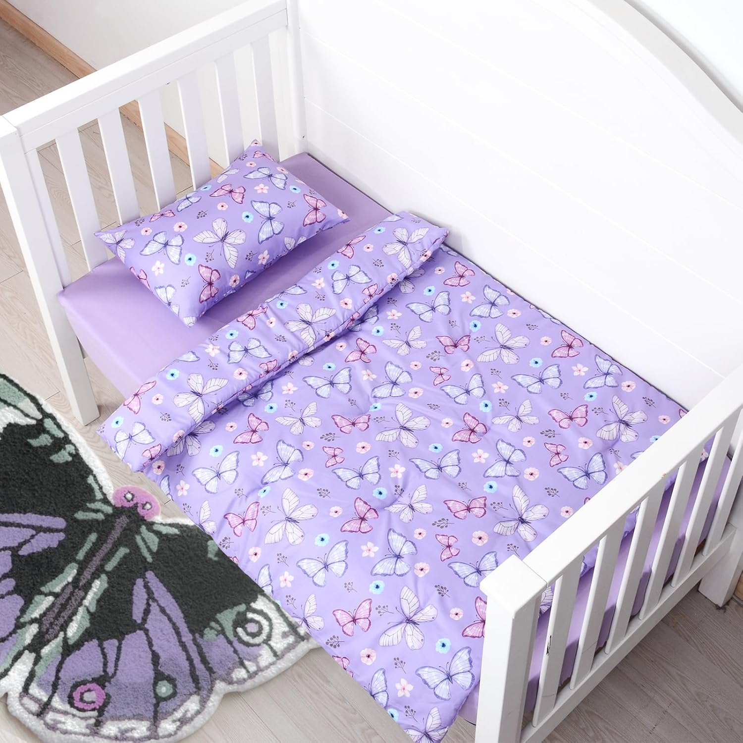 JISEN 3 Piece Crib Bedding Set Butterfly Comforter Set Purple