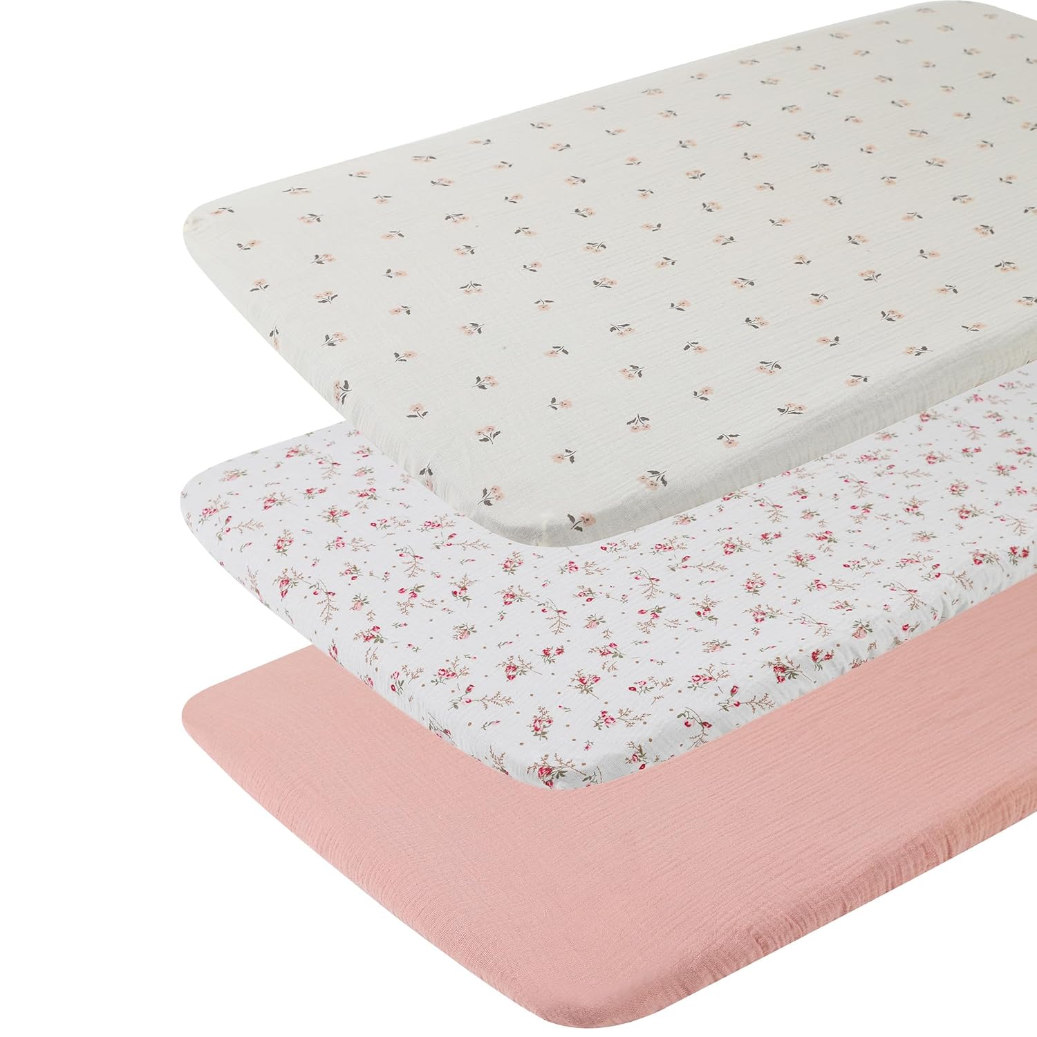 Onacosht Muslin Bassinet Sheets 3 Pack Solid Pink and Floral 1