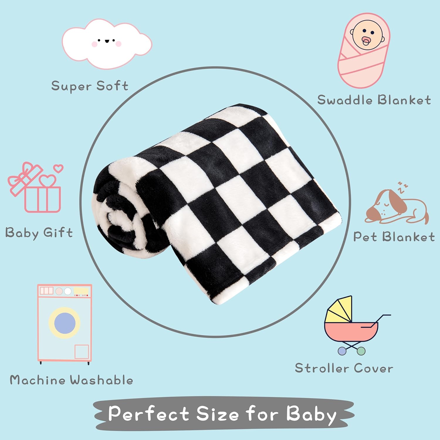 Yurhap Checkered Baby Blanket Fleece 30x40 Black
