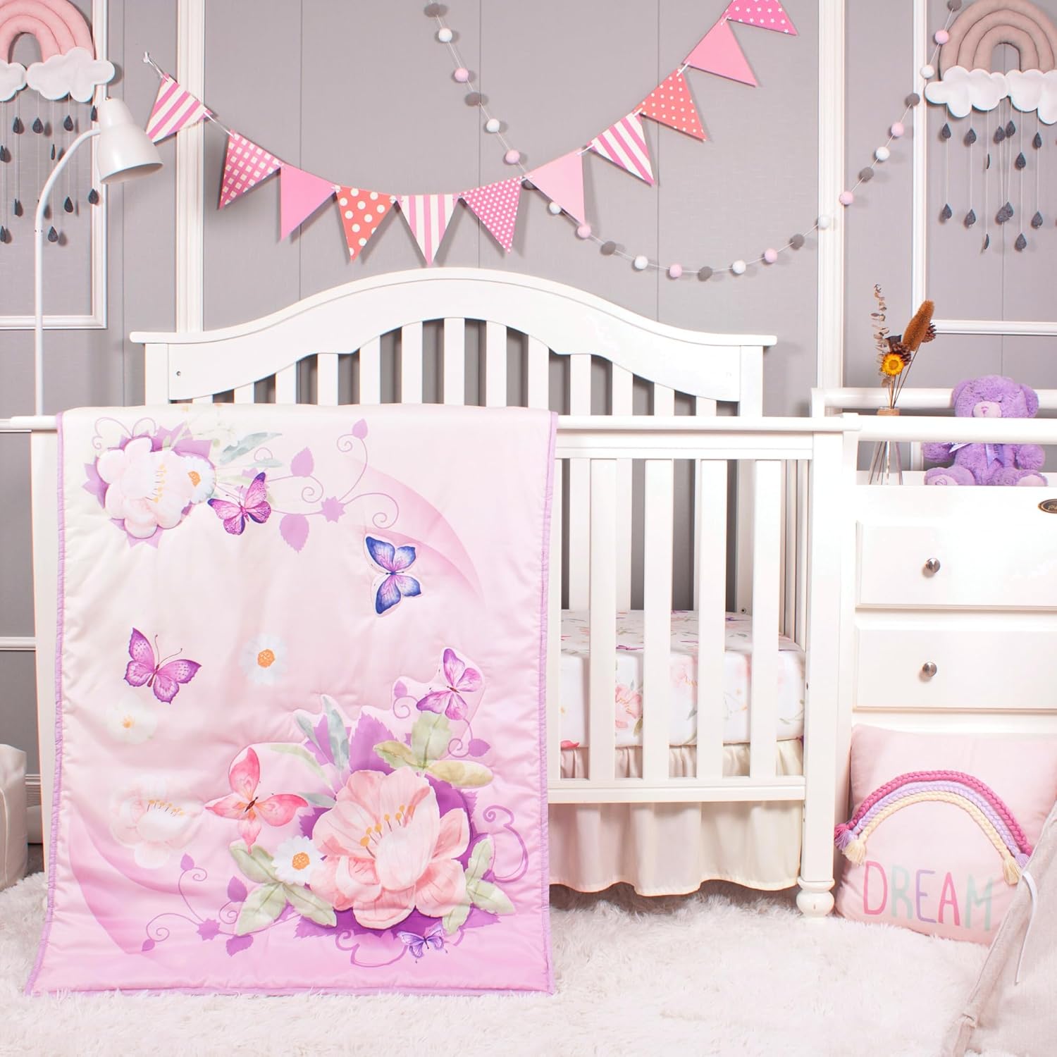 La Premura Baby Girl Crib Bedding Set with Purple Butterfly Design