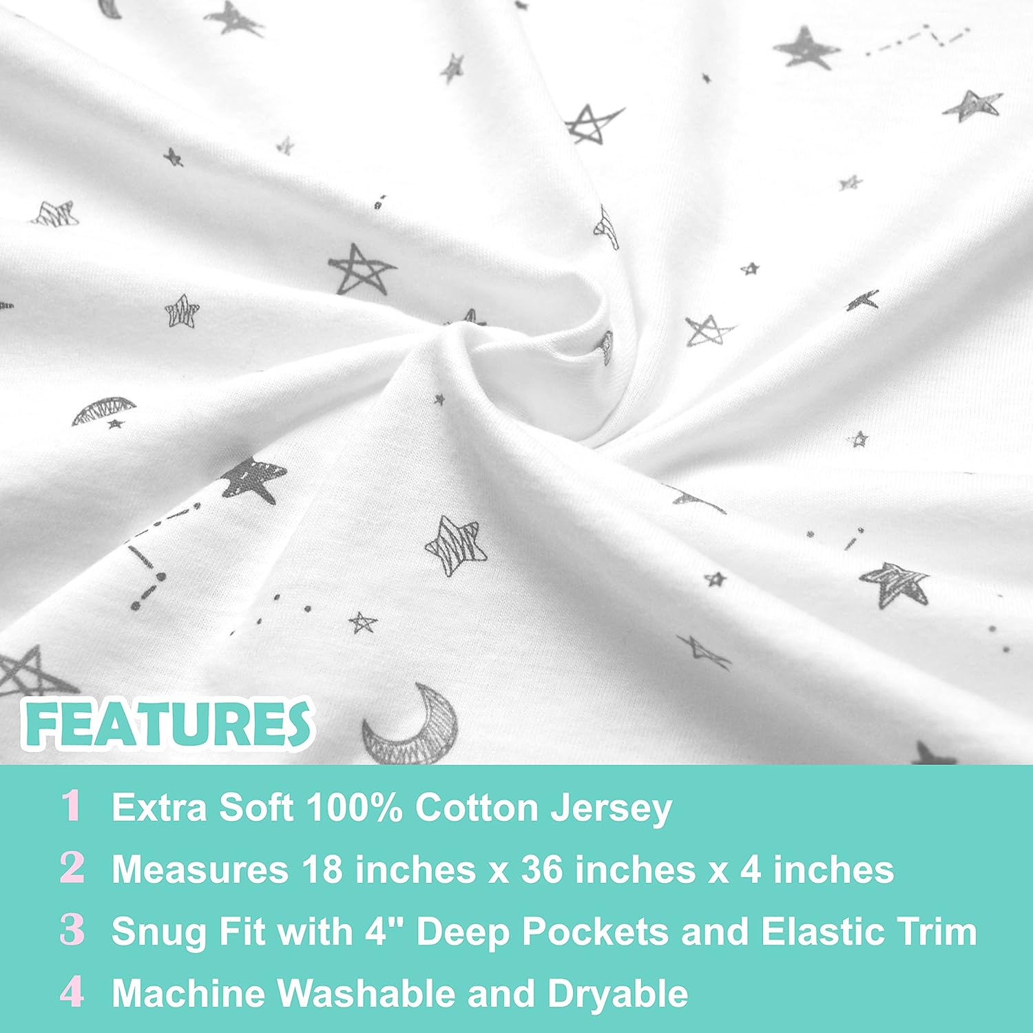 TL Care Fitted Bassinet Sheet - Gray Stars and Moons 100 Cotton