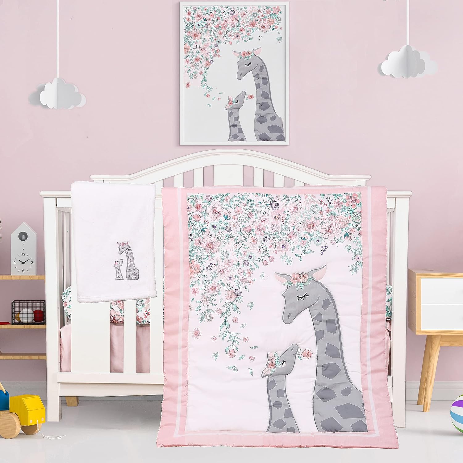 Girl Crib Bedding Set with Giraffe Floral Design
