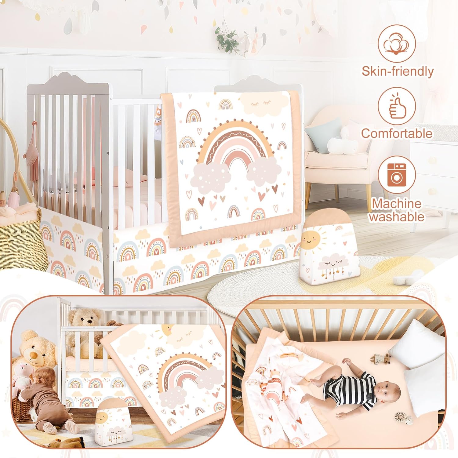 4 Pieces Bohemian Rainbow Crib Bedding Set for Boys and Girls