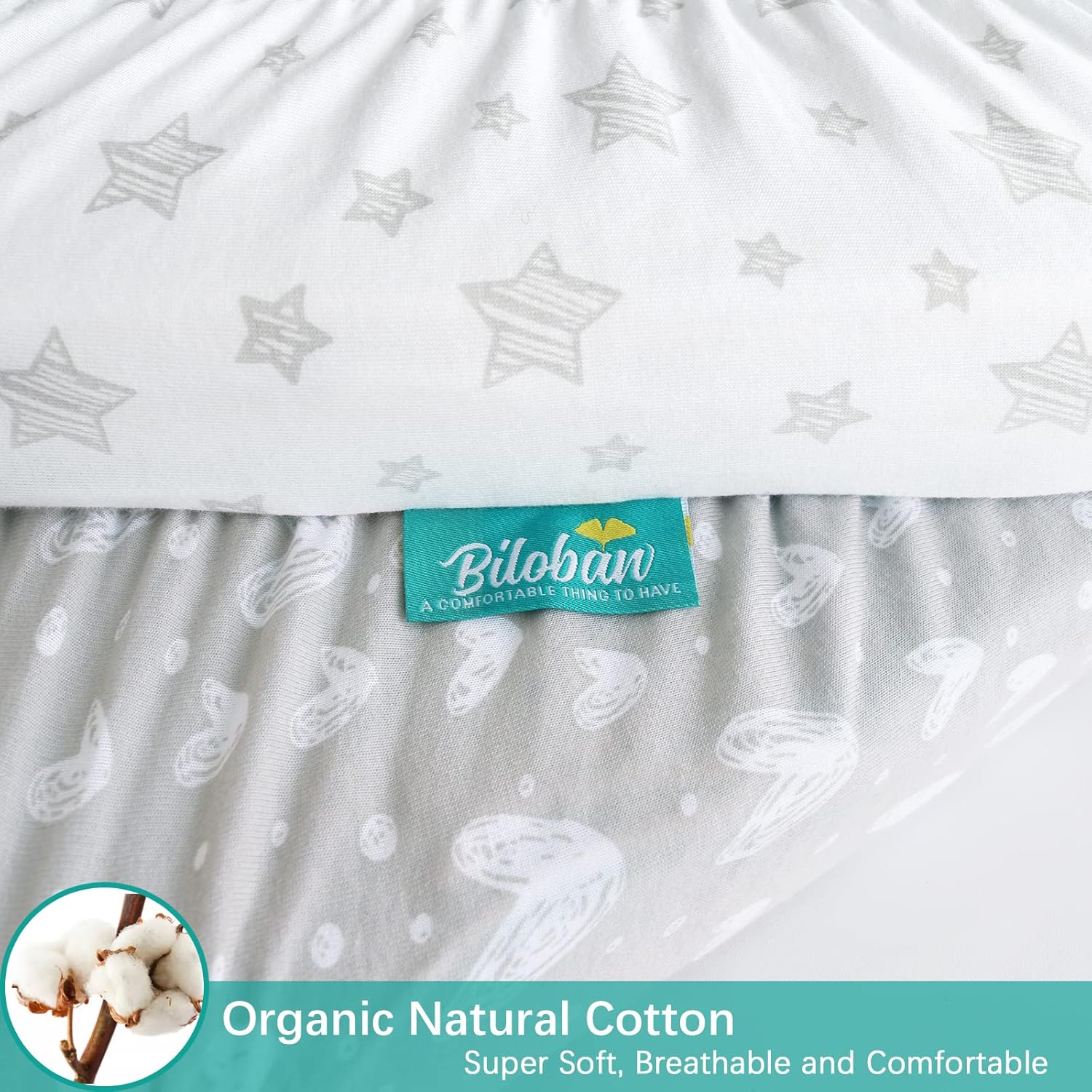 Biloban Bassinet Sheets 2 Pack White Grey Star Print