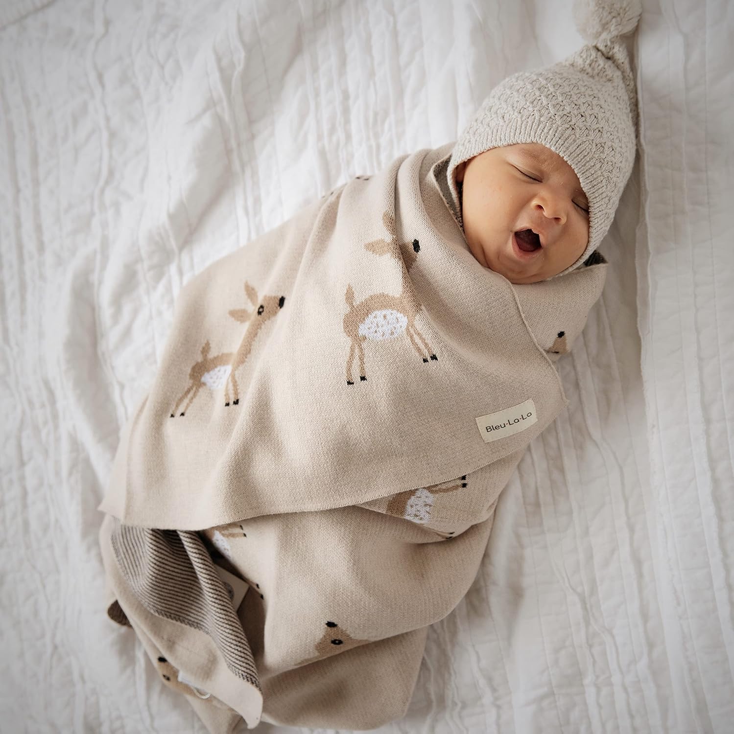 Bleu La La Knit Baby Swaddle Blanket - Deer Theme Taupe 100 Cotton