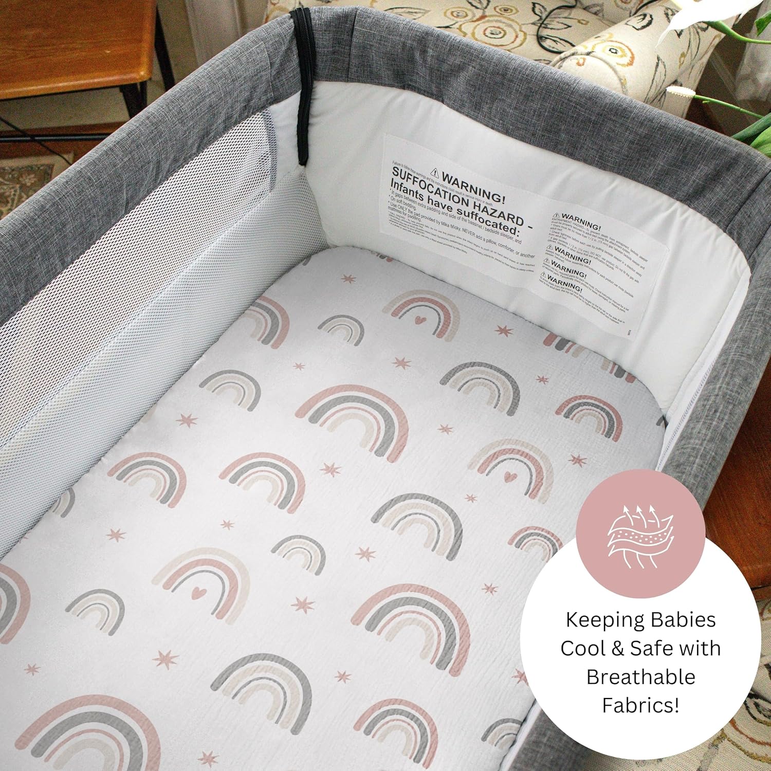 TANSY PANDA Muslin Bassinet Sheets 3 Pack 19x32in Pink Rainbow