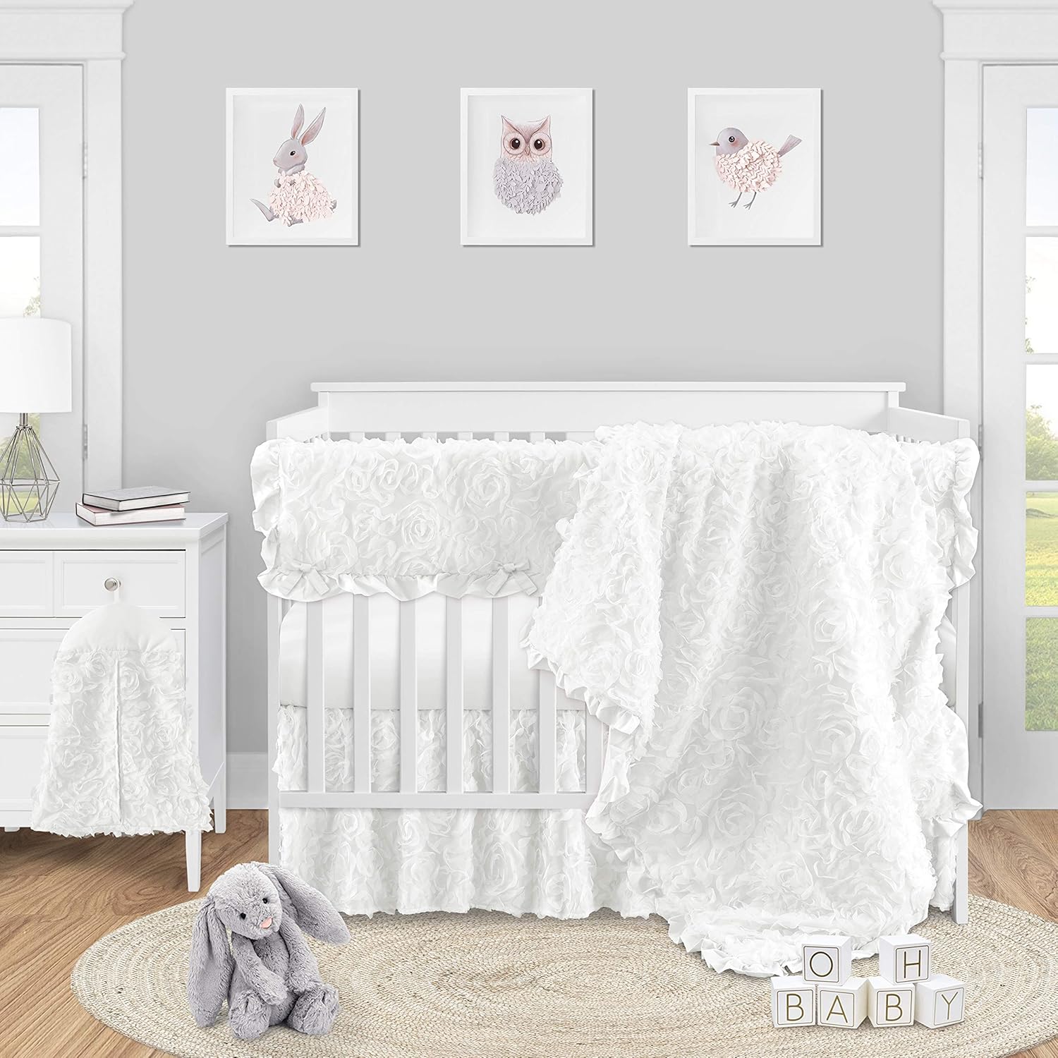 Sweet Jojo Designs White Floral Rose Bed Skirt Dust Ruffle