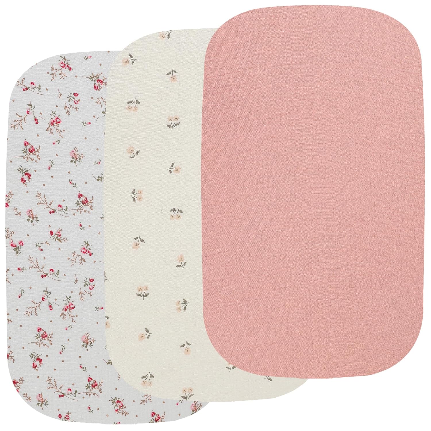 Onacosht Muslin Bassinet Sheets 3 Pack Solid Pink and Floral 1