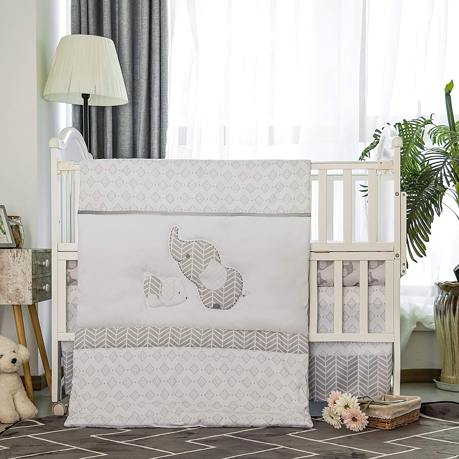 La Premura 3-Piece Crib Bedding Set Gray Elephant Puppy Design