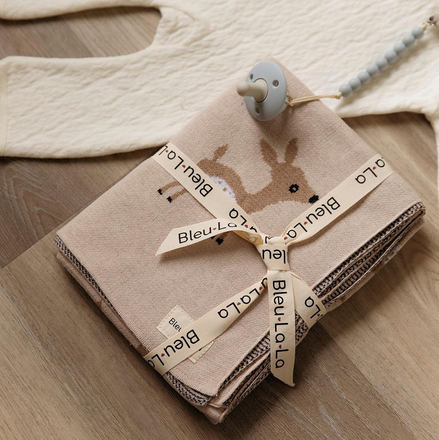 Bleu La La Knit Baby Swaddle Blanket - Deer Theme Taupe 100 Cotton